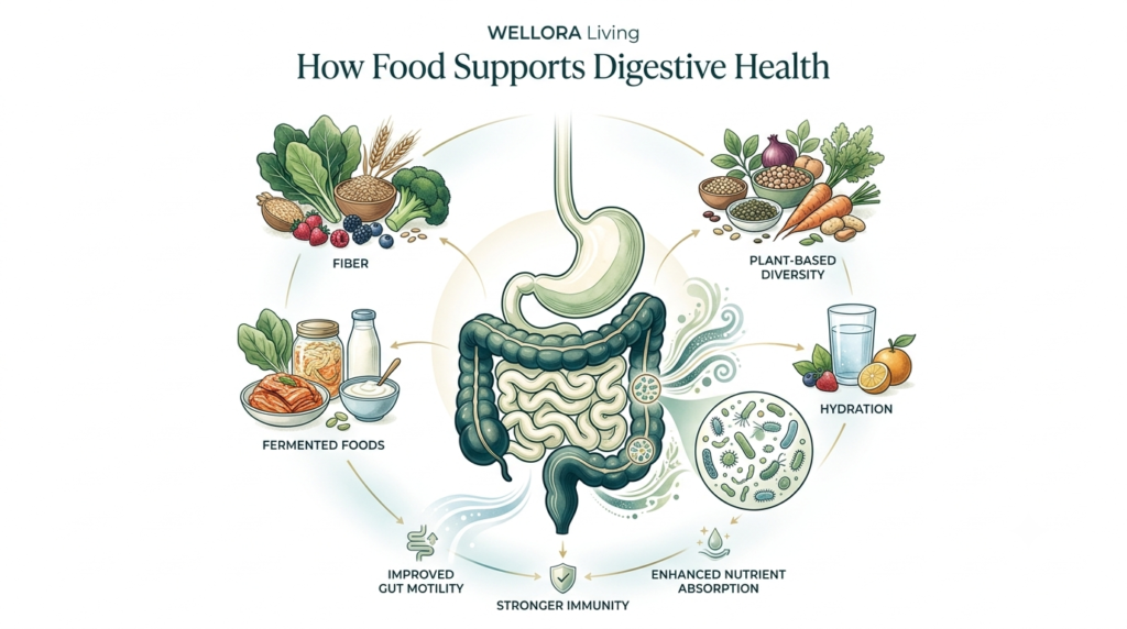 Illustration showing how foods support digestive health and the gut microbiome