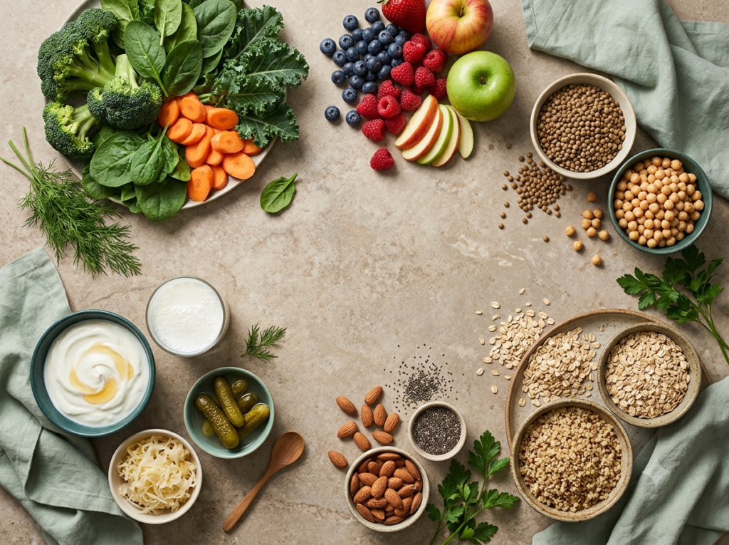 Variety of vegetables, fruits, legumes, whole grains, nuts, seeds, and fermented foods for digestive health