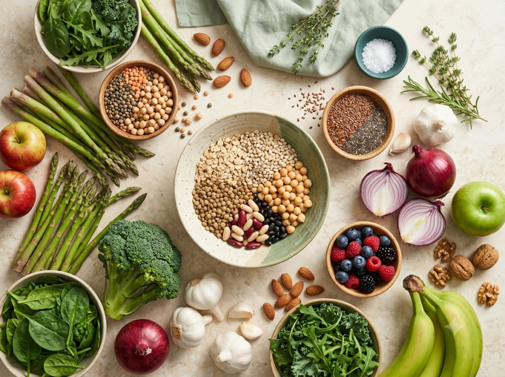 Fiber-rich and prebiotic foods including oats, legumes, fruits, vegetables, seeds, and whole grains