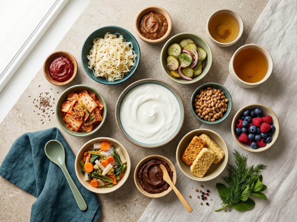 Fermented foods including yogurt, kefir, sauerkraut, kimchi, miso, and tempeh