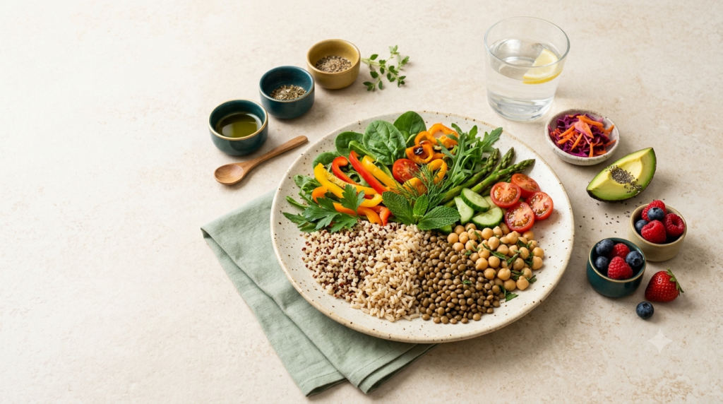 Balanced plate featuring vegetables, whole grains, legumes, healthy fats, fermented food, and fruit