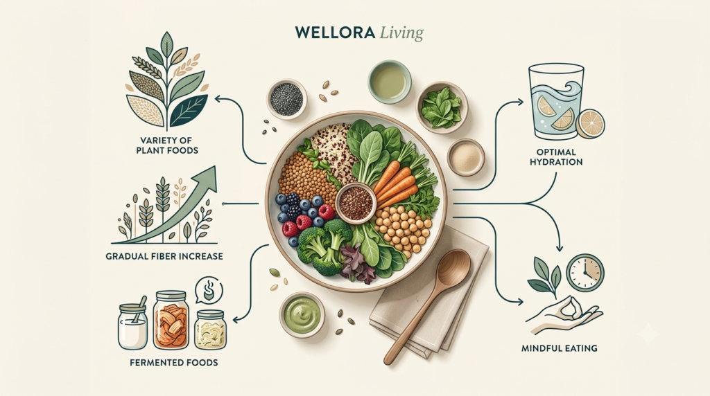 Five practical habits for digestive wellness including fiber, food variety, fermented foods, hydration, and mindful eating
