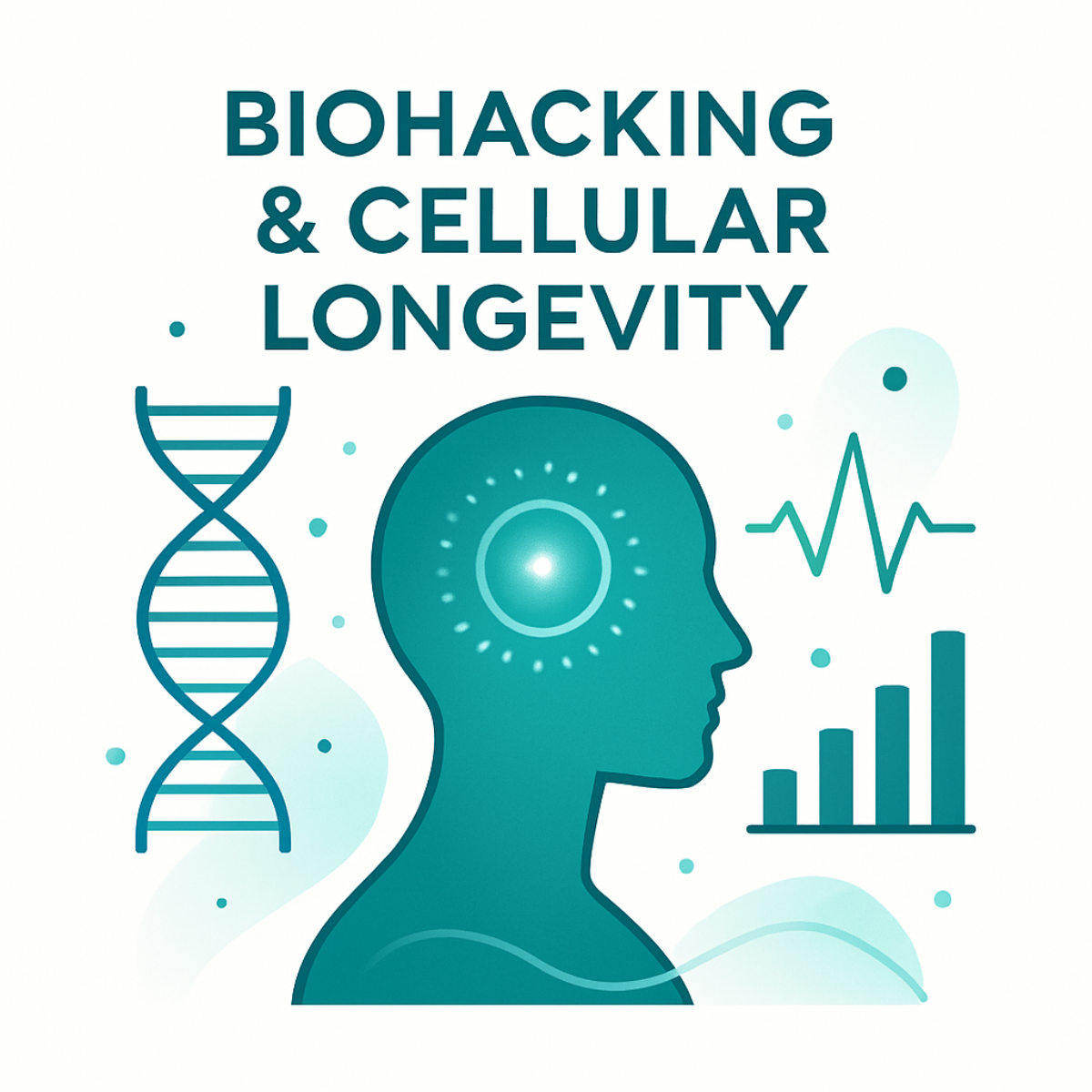 Biohacking and Cellular Longevity wellness illustration representing healthy aging, energy optimization, recovery, and long-term vitality.