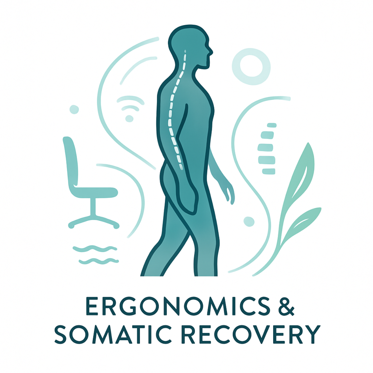 Ergonomics and Somatic Recovery wellness illustration representing healthy posture, mobility, physical recovery, body awareness, workplace ergonomics, and stress reduction.