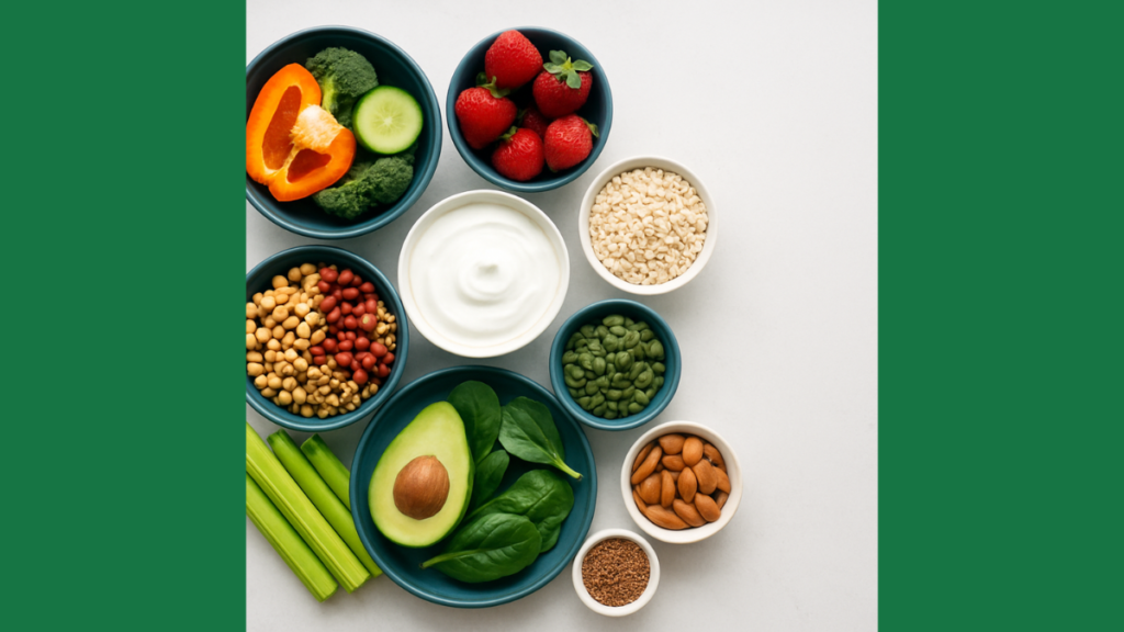 Foods for digestive health with fiber-rich fruits, vegetables, legumes, and whole grains