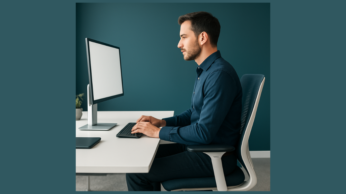 Proper posture and ergonomic workspace supporting comfort, mobility, and physical well-being.