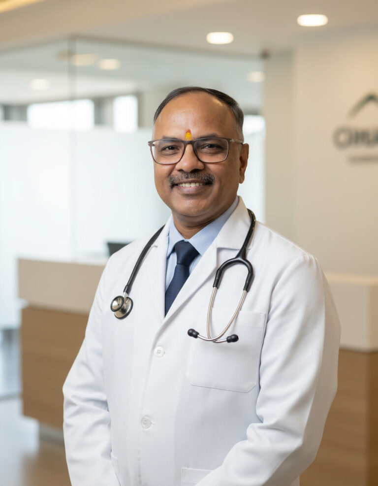 Professional portrait of Dr. Shivaji Bachhav wearing a white medical coat and stethoscope, founder of WELLORA Living.