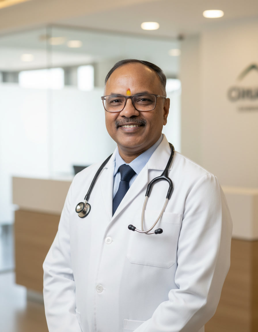 Professional portrait of Dr. Shivaji Bachhav wearing a white medical coat and stethoscope, founder of WELLORA Living.