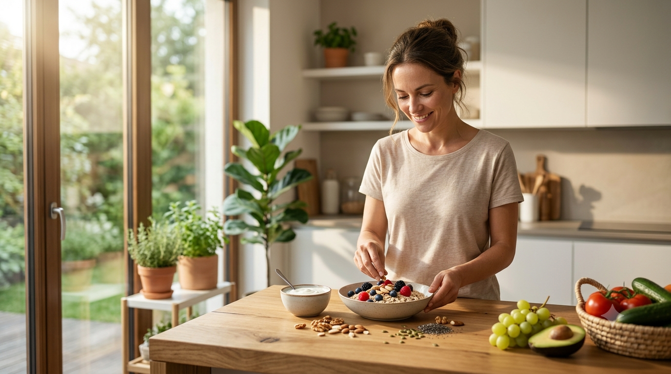 Woman preparing a healthy breakfast to support the gut microbiome