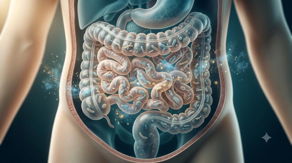 Illustration of the human digestive system and gut microbiome