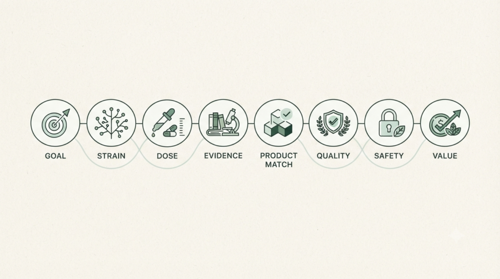 Simple visual showing the steps for evaluating a probiotic: goal, strain, dose, evidence, product match, quality, safety and value.