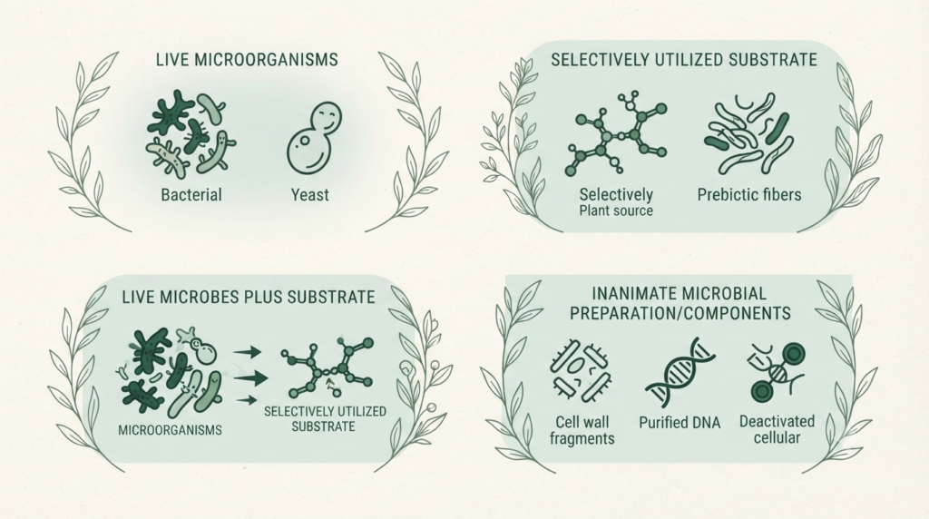 Four-part comparison graphic distinguishing live microorganisms, selectively used substrates, combined synbiotics and inanimate microbial preparations/components.