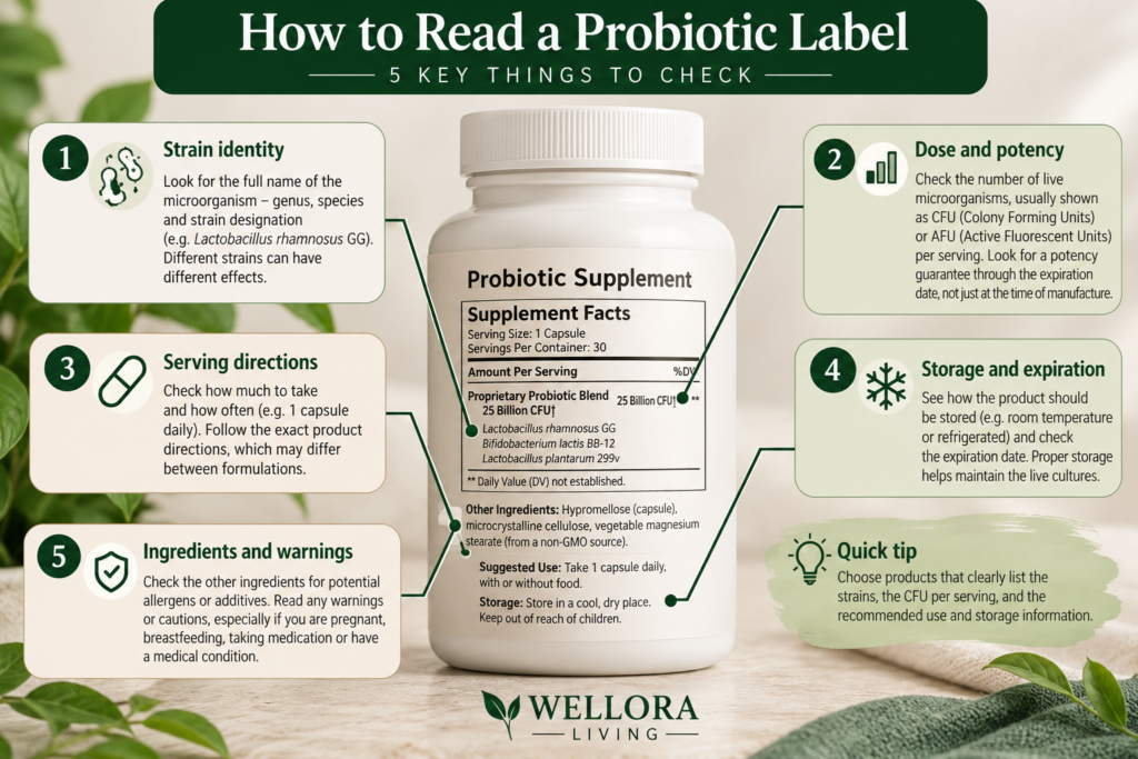 Close-up of a generic probiotic supplement label with strain, dose, storage and expiration details highlighted.
