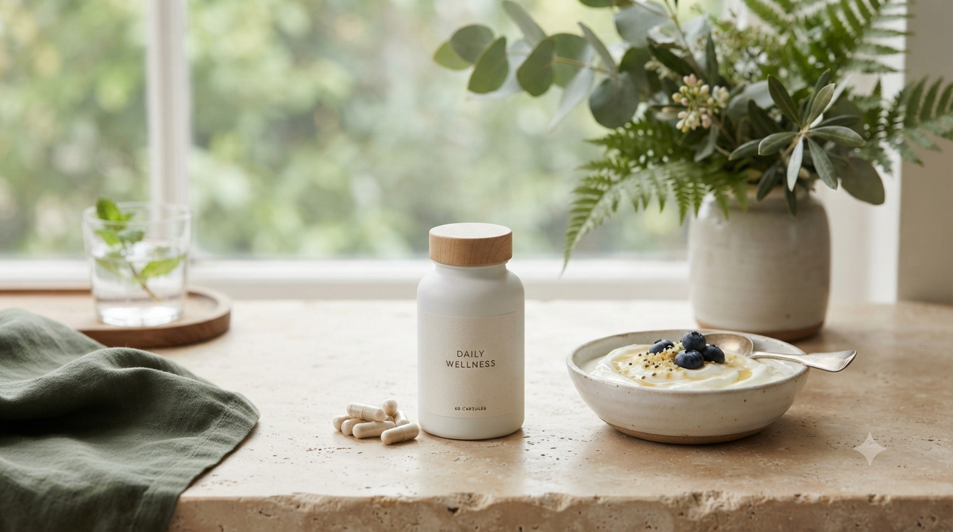 Best probiotics for gut health guide with a supplement bottle, capsules and yogurt on a natural kitchen table