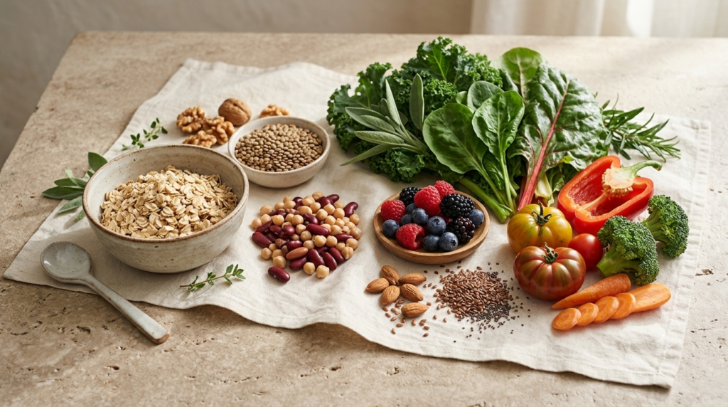 Oats, beans, berries, leafy greens, nuts and seeds arranged on a table