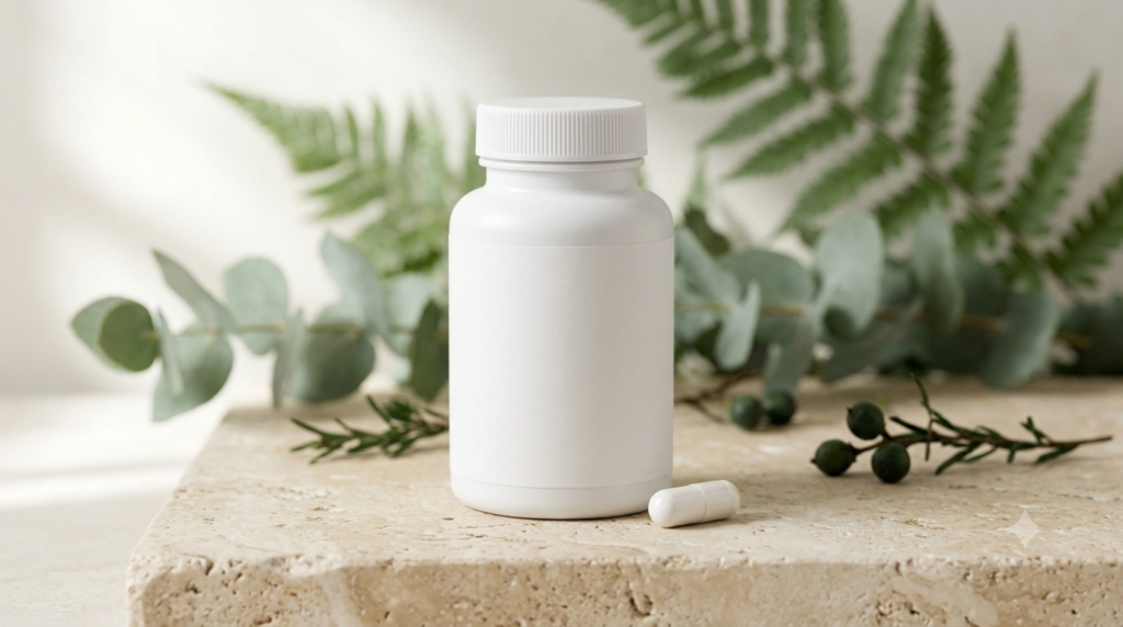 Unbranded supplement bottle and capsule arranged on a cream surface