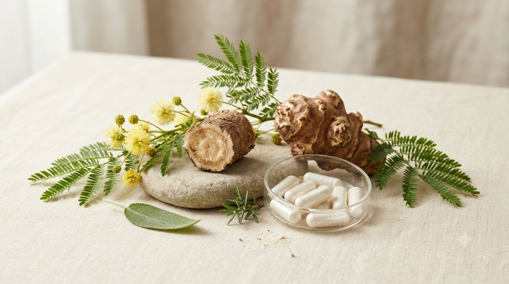 White capsules beside chicory root, Jerusalem artichoke and acacia foliage