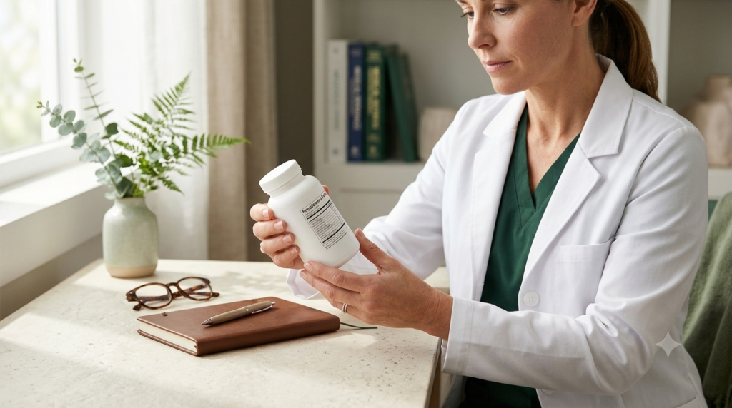 Healthcare professional reviewing a supplement label beside a notebook