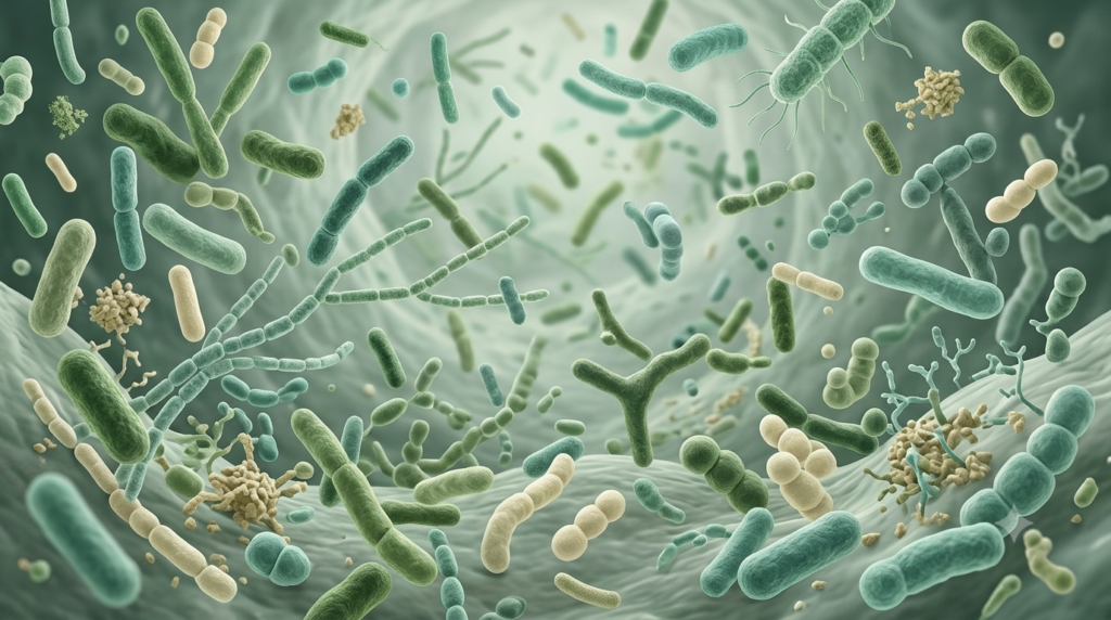 Conceptual illustration of diverse microorganisms in the gut microbiome