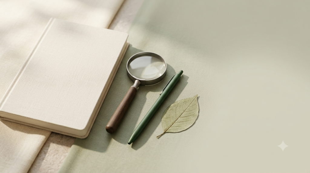 Notebook and magnifying glass beside a botanical leaf on a cream surface