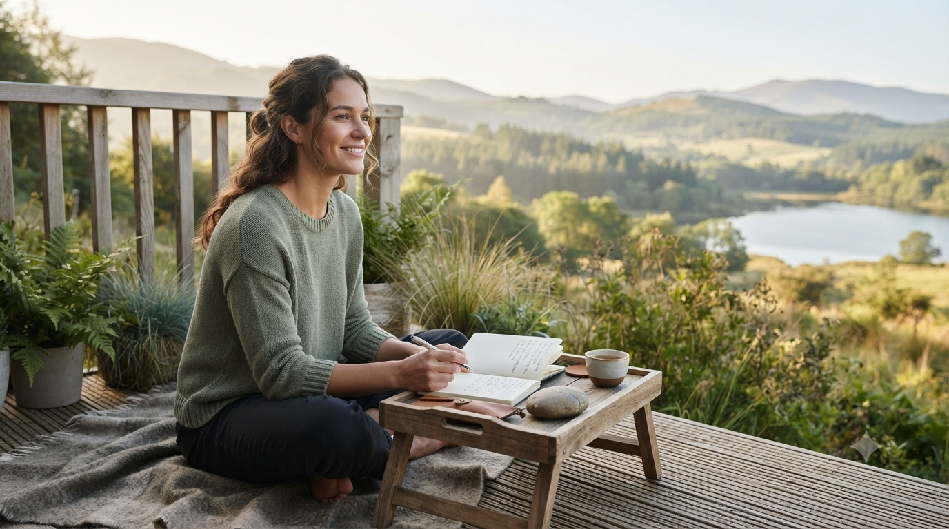 Person reflecting peacefully in nature with a journal, representing spiritual wellbeing, meaning, purpose, and inner balance